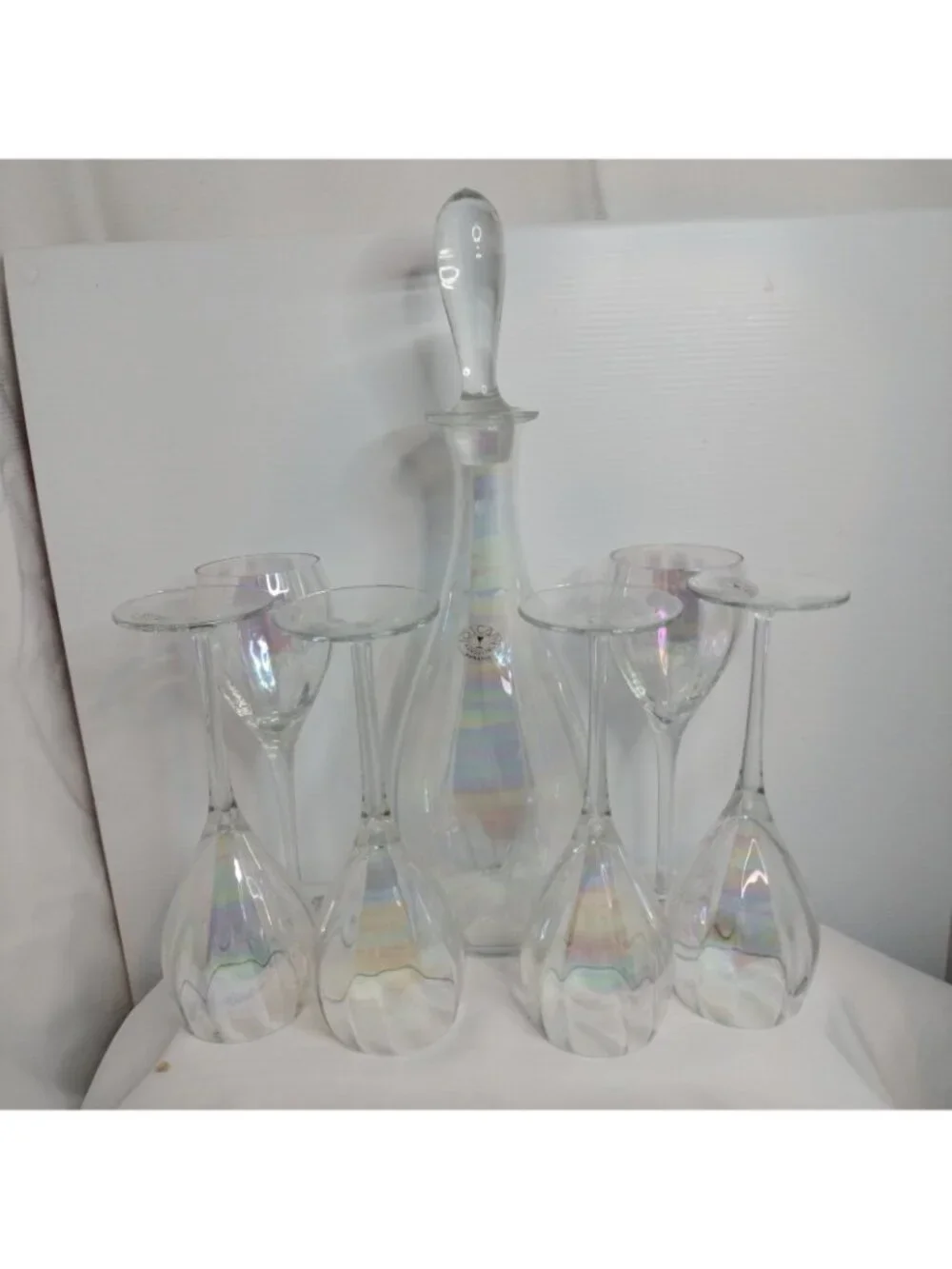 Hand blown Iridescent Toscany Wine SeT 6 Glasses Decanter W/Stopper Romania New